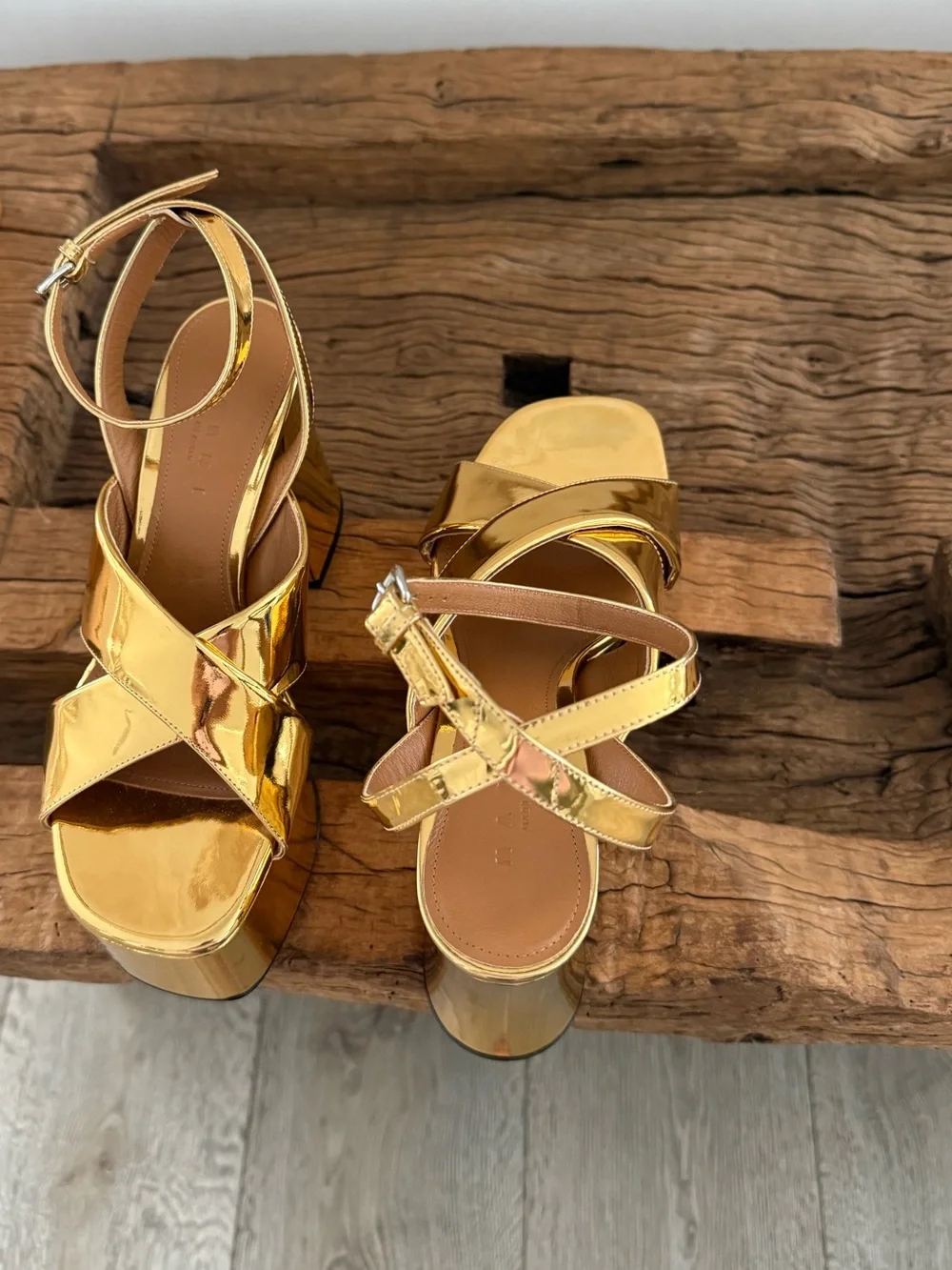 MARNI Gold Platform Block Heel Sandals - Women's Ankle Strap
